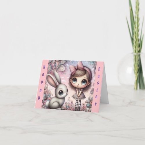 Whimsical Girl with Bunny Easter Card