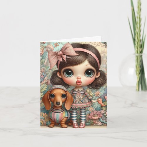 Whimsical Girl with Dachshund Card