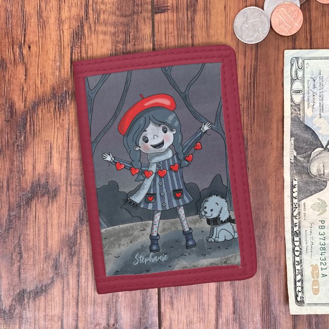 Whimsical Girl with Red Heart Garland Kid Wallet (Cute girl wallet)