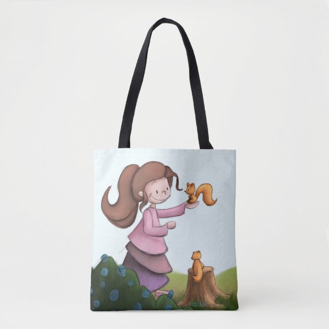 Whimsical Girl with Squirrel Woodland Forest  Tote Bag (Front)