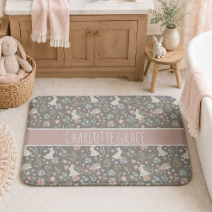 Whimsical Girl's Name Boho Floral Rabbit Nursery Bath Mat