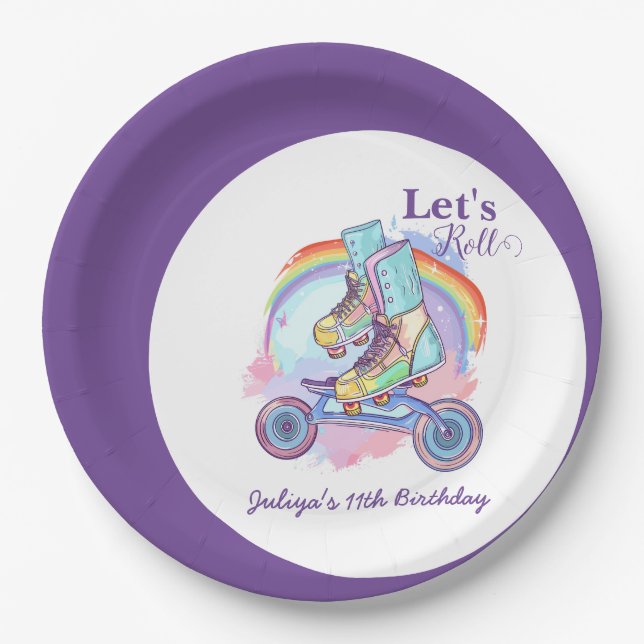 Whimsical Girls Roller Skating purple Birthday  Paper Plates (Front)