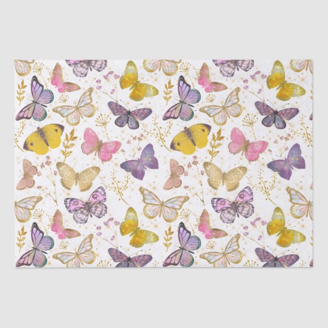 Whimsical Girly Faux Glitter Butterflies Golden Tissue Paper (Front)