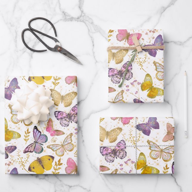Whimsical Girly Faux Glitter Butterflies Purple Wr Wrapping Paper Sheets (Front)