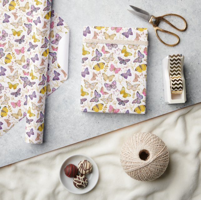 Whimsical Girly Faux Glitter Butterflies Purple Wrapping Paper (Crafts)