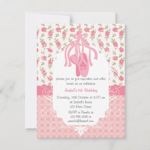 Whimsical Girly Floral Pink Ballerina Birthday Invitation