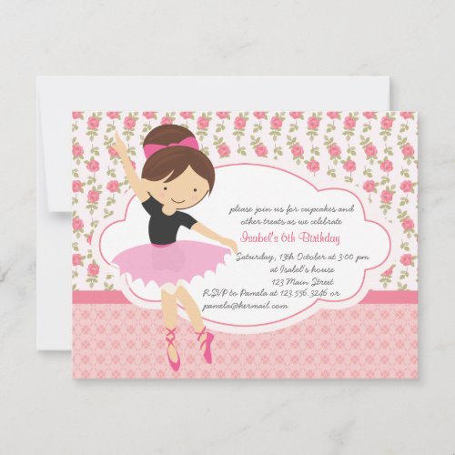 Whimsical Girly Floral Pink Ballerina Birthday Invitation