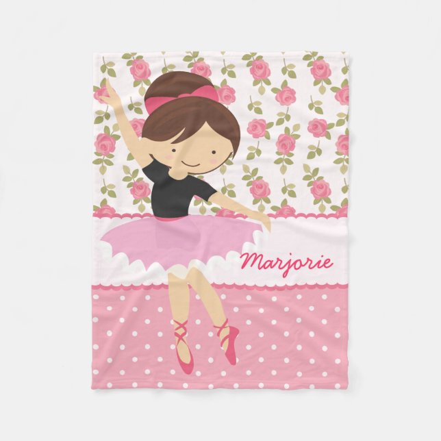 Whimsical Girly Floral Pink Ballerina Personalized Fleece Blanket (Front)