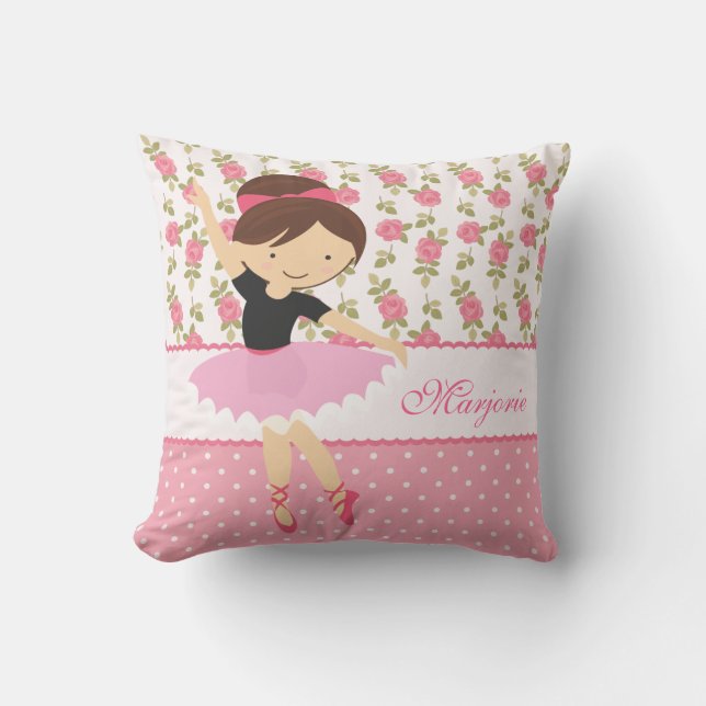 Whimsical Girly Floral Pink Ballerina Personalized Throw Pillow (Front)
