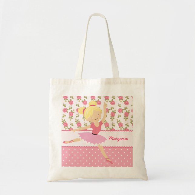 Whimsical Girly Floral Pink Ballerina Personalized Tote Bag (Front)