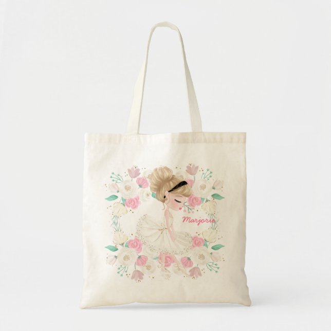 Whimsical Girly Floral Pink Ballerina Personalized Tote Bag (Front)