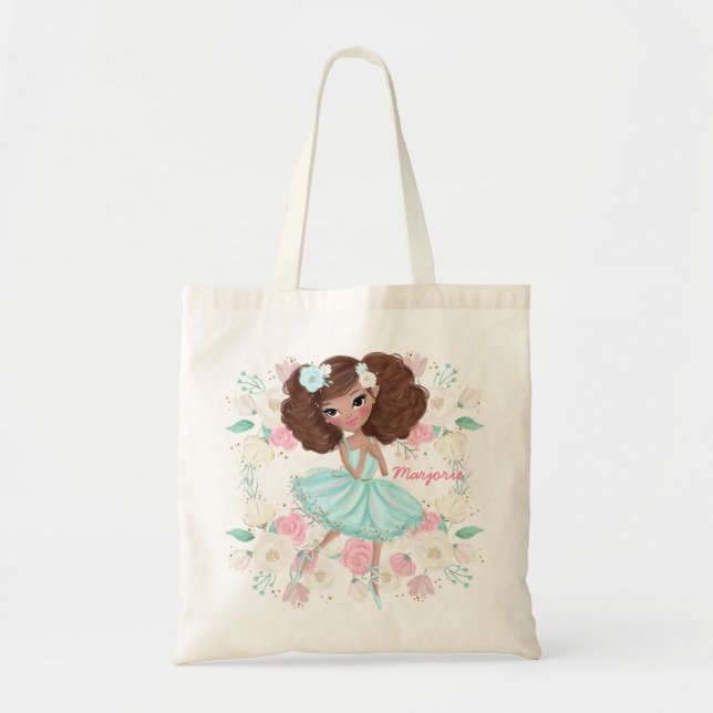 Whimsical Girly Floral Pink Ballerina Personalized Tote Bag (Front)