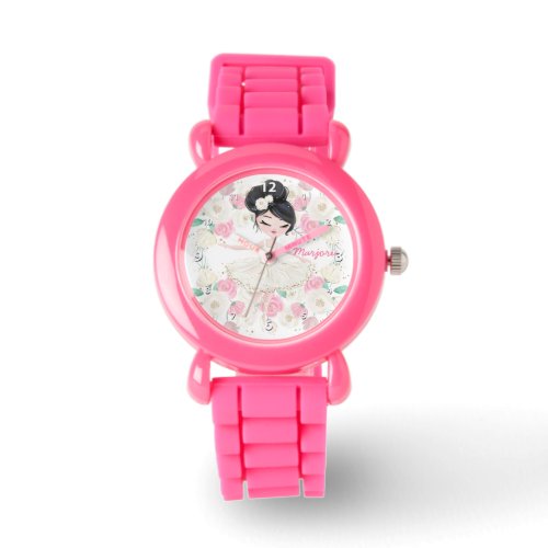 Whimsical Girly Floral Pink Ballerina Personalized Watch