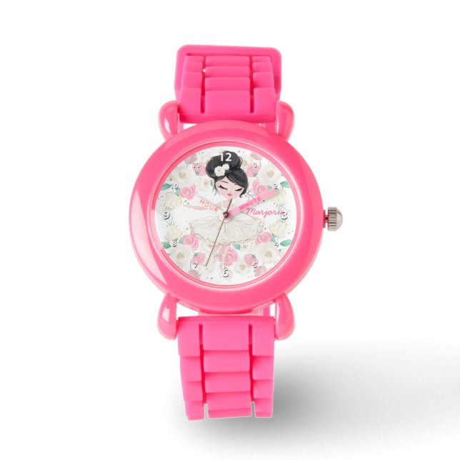 Whimsical Girly Floral Pink Ballerina Personalized Watch (Front)