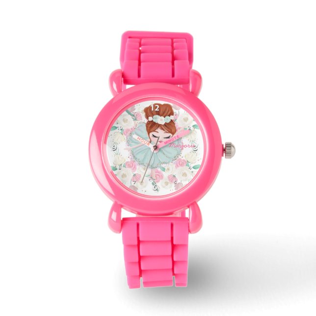 Whimsical Girly Floral Pink Ballerina Personalized Watch (Front)