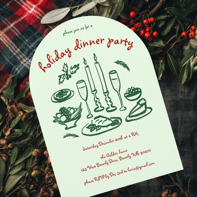 Whimsical Girly Holiday Dinner Party Arched Xmas Invitation (Whimsical Doodle Sketch Girly Holiday Dinner Party Arched Xmas Invitation
)