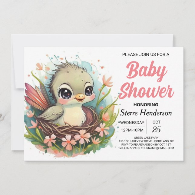 Whimsical Girly Nest Bird Baby Shower Invitation (Front)