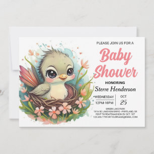 Whimsical Girly Nest Bird Baby Shower Invitation