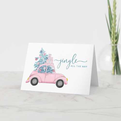 Whimsical Girly Pink Car with Christmas Tree Holiday Card