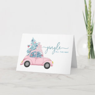 Whimsical Girly Pink Car with Christmas Tree Holiday Card