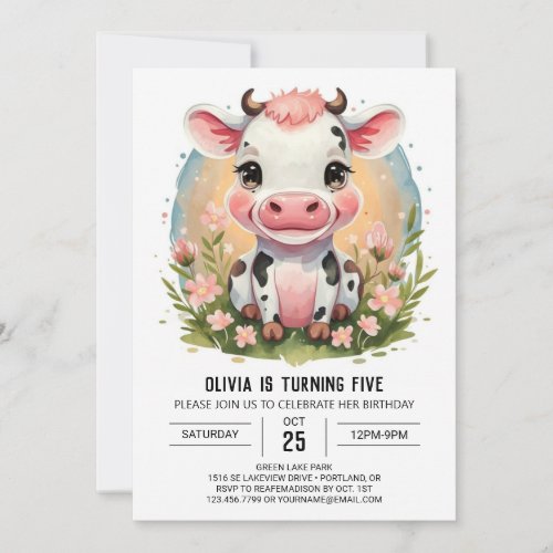 Whimsical Girly Pink Cow Birthday Invitation