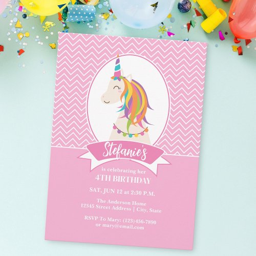 Whimsical Girly Pink Rainbow Unicorn Girl Birthday Invitation