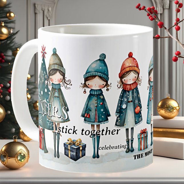 Whimsical Girly Sisters Christmas Coffee Mug (Mug with a whimsical illustration of cute girls and Christmas trees with gifts - sisters - besties)