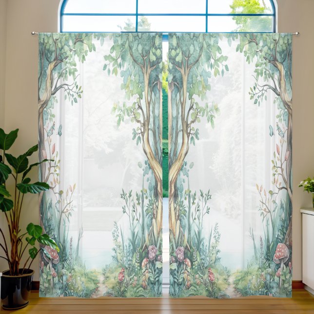 Whimsical glade with magical plants and animals sheer curtains (Living Room)