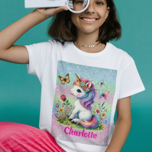 Whimsical glitter flower unicorn T-Shirt
