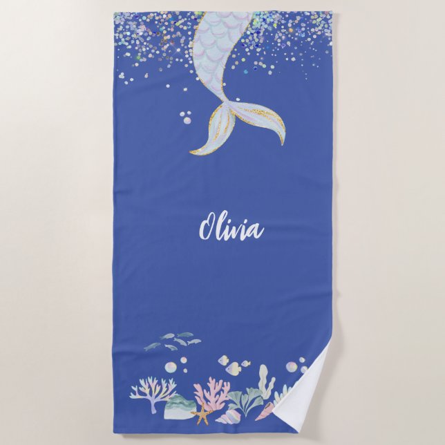 Whimsical Glitter Mermaid Beachy Under the Sea  Beach Towel (Front)