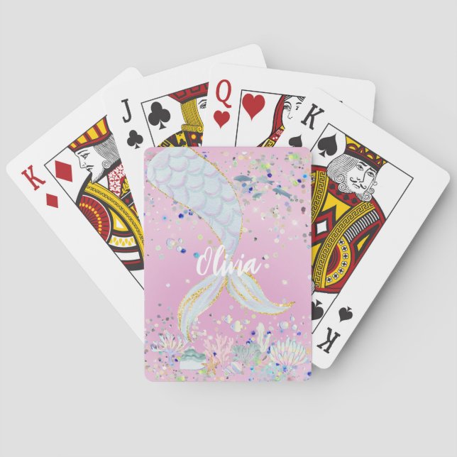 Whimsical Glitter Mermaid Beachy Under the Sea  Poker Cards (Back)