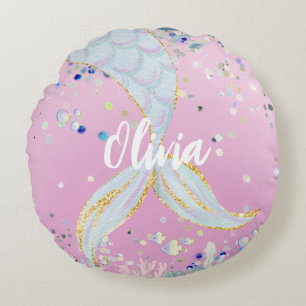 Whimsical Glitter Mermaid Beachy Under the Sea Round Pillow