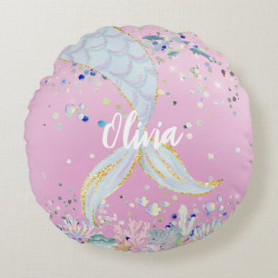 Whimsical Glitter Mermaid Beachy Under the Sea Round Pillow