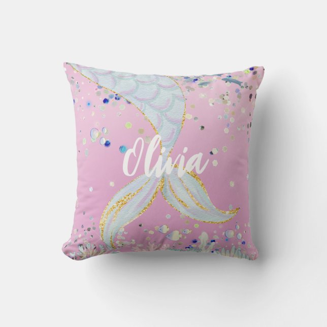 Whimsical Glitter Mermaid Beachy Under the Sea  Throw Pillow (Front)