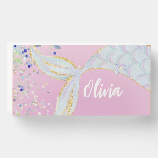 Whimsical Glitter Mermaid Beachy Under the Sea  Wooden Box Sign (Front Horizontal)