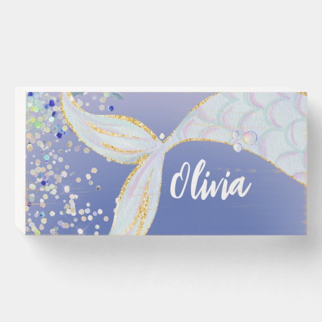 Whimsical Glitter Mermaid Beachy Under the Sea  Wooden Box Sign (Front Horizontal)