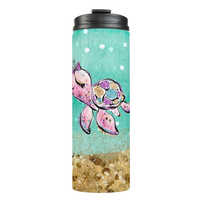 *~* Whimsical Glitter Sea Turtle Shells Star fish Thermal Tumbler (Front)