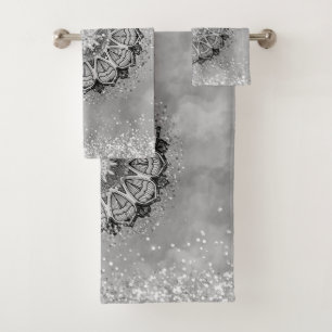 Whimsical Glittery  Silver Lotus Mandala on  Bath Towel Set