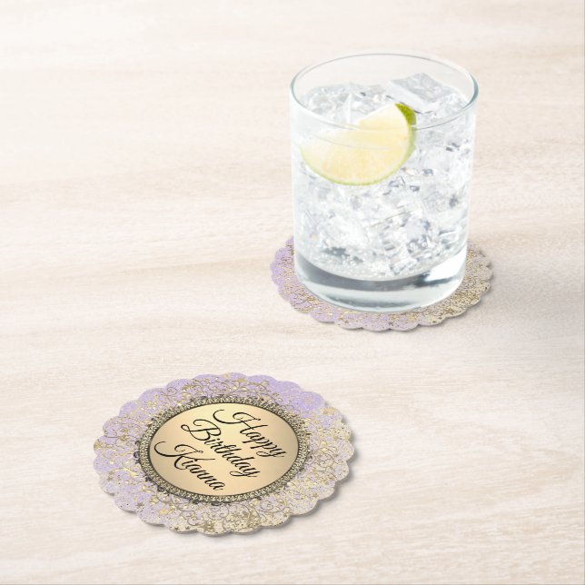Whimsical Glittery Starry Lavender Birthday Paper Coaster (Insitu)