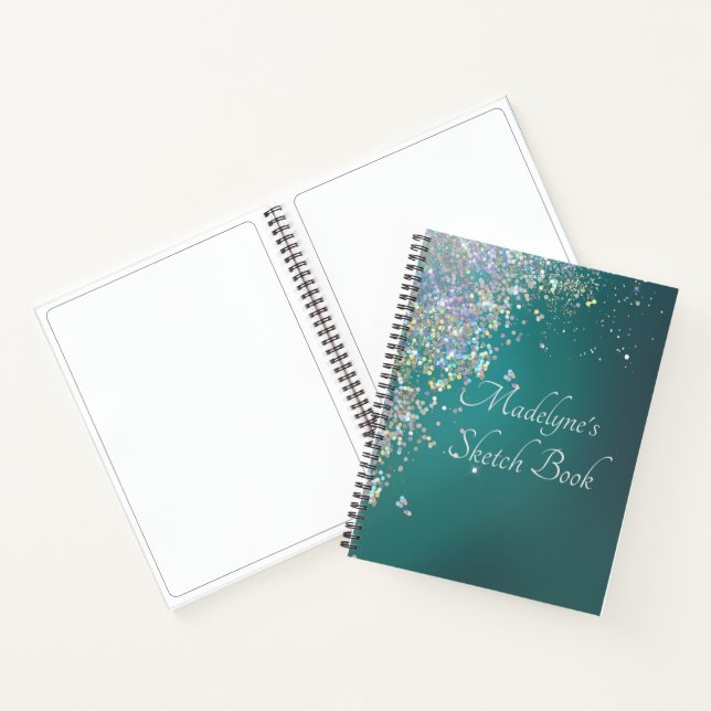 Whimsical Glittery Teal Sketch Notebook (Inside)