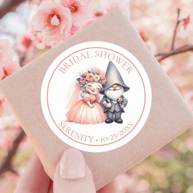 Whimsical Gnome Bride & Groom Bridal Shower Favor Classic Round Sticker (Creator Uploaded)