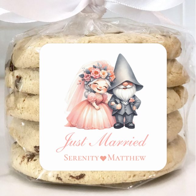 Whimsical Gnome Bride Groom Just Married Wedding Square Sticker (Creator Uploaded)