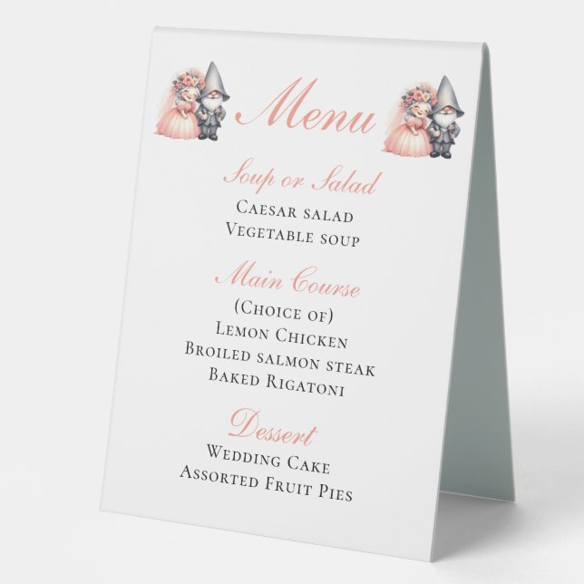 Whimsical Gnome Bride & Groom Rustic Wedding Menu Table Tent (Front)
