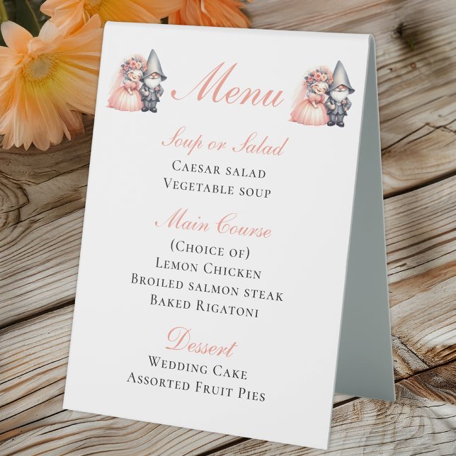 Whimsical Gnome Bride & Groom Rustic Wedding Menu Table Tent (Creator Uploaded)