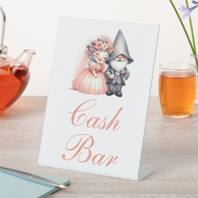 Whimsical Gnome Cash Bar Rustic Wedding Orange Pedestal Sign (In SItu)