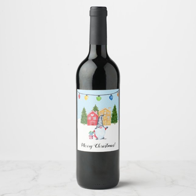 Whimsical Gnome Custom Holiday Wine Label (Front)