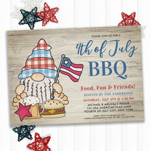 Whimsical Gnome Fourth Of July BBQ 4th July Party  Invitation