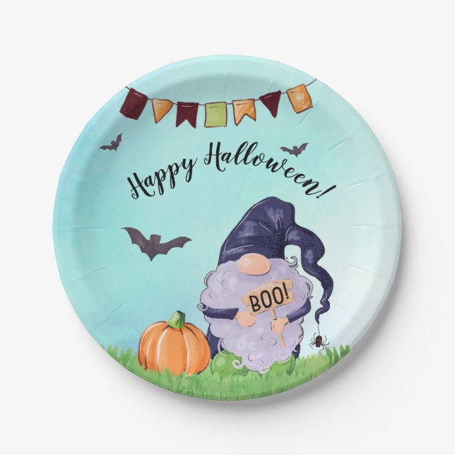 Whimsical Gnome Happy Halloween Paper Plates (Front)