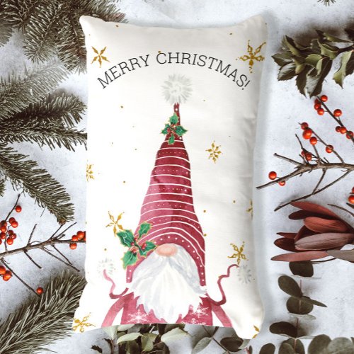 Whimsical Gnome Holly Merry Christmas Gold Stars Lumbar Pillow