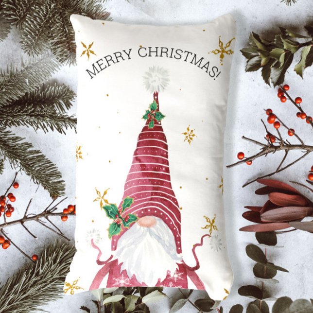 Whimsical Gnome Holly Merry Christmas Gold Stars Lumbar Pillow (Creator Uploaded)
